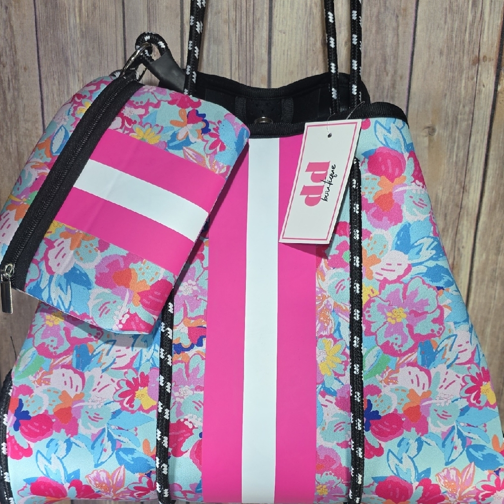 Pink Floral Striped Women’s Neoprene Tote Bag